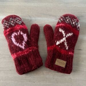Kyber Outerwear Wool Mittens Red Xs and Os Chrochet Knit Lined Gloves